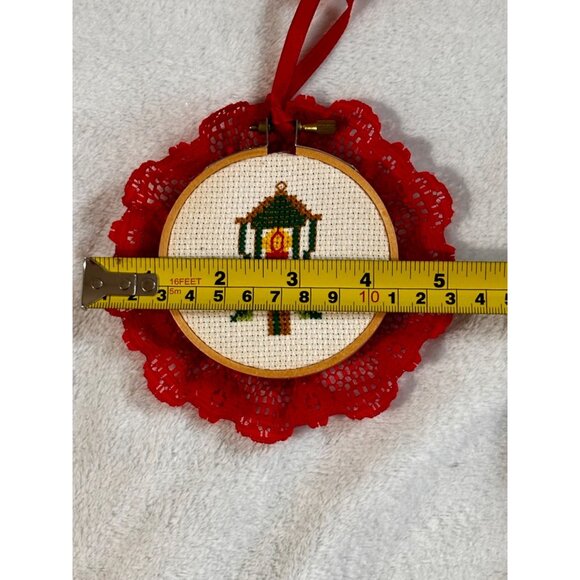7 Christmas-Themed Cross Stitch Ornaments Lace Trim & Hanging Ribbons Handmade - Picture 15 of 16